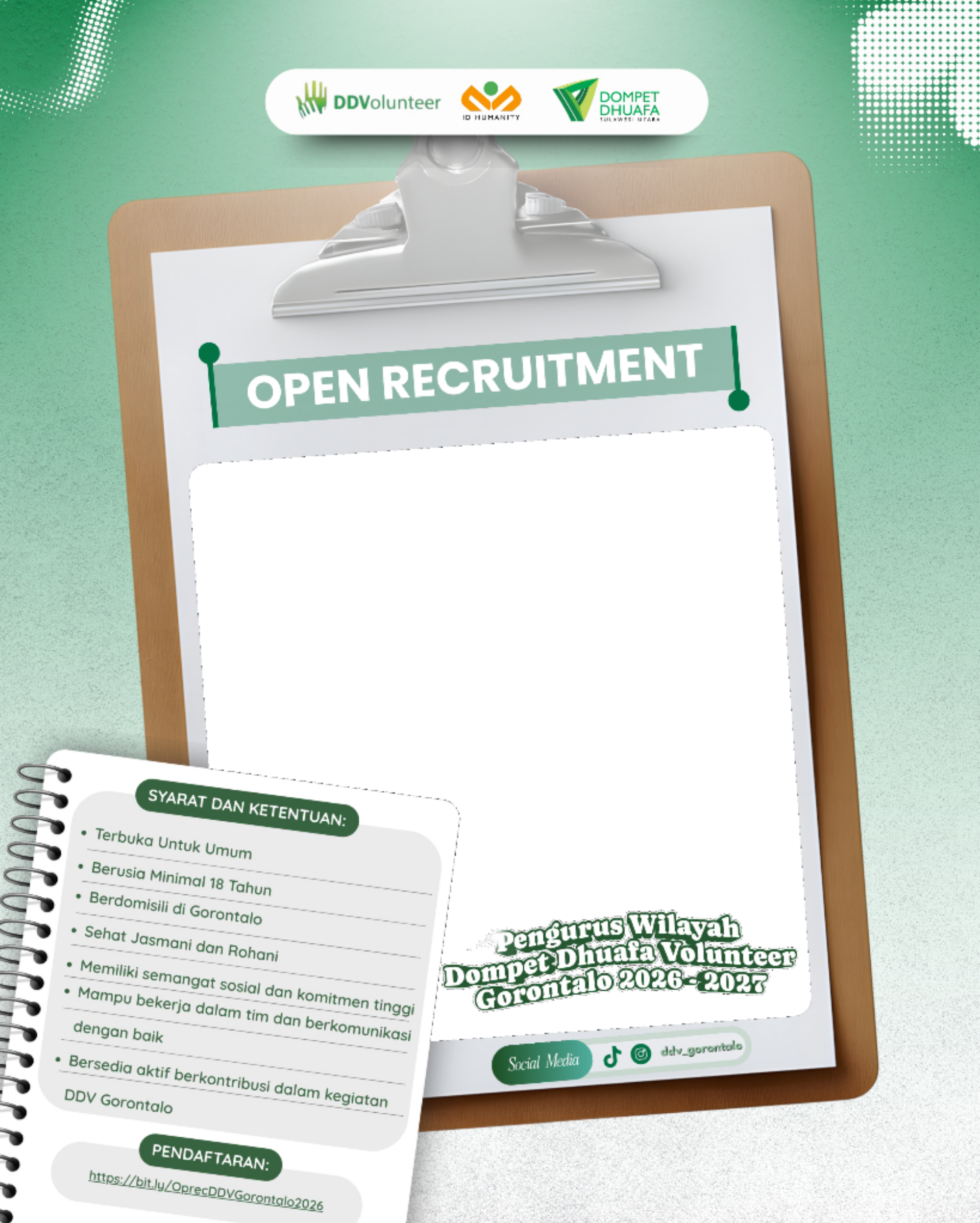 OPEN RECRUITMENT PENGURUS TIM WILAYAH DOMPET DHUAFA VOLUNTEER (DDV) GORONTALO PERIODE 2026–2027Twibbon Tanpa Watermark